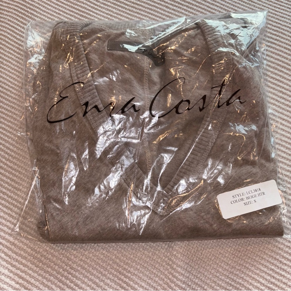Enza Costa First Layer Cuffed V Neck in Beige - Picture 3 of 4